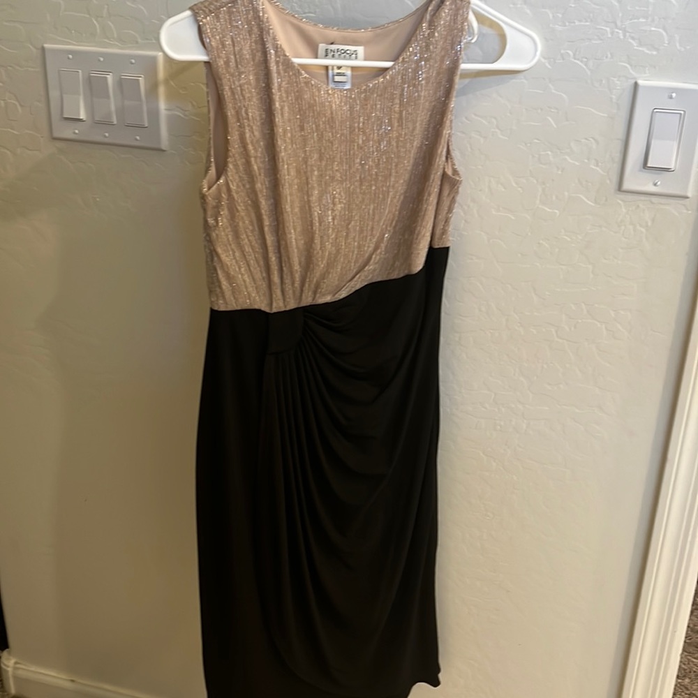 Champagne and black wedding guest dress